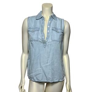 Talbots Chambray Sleeveless Button Up Safari Utility Blouse Top Size 2 Blue